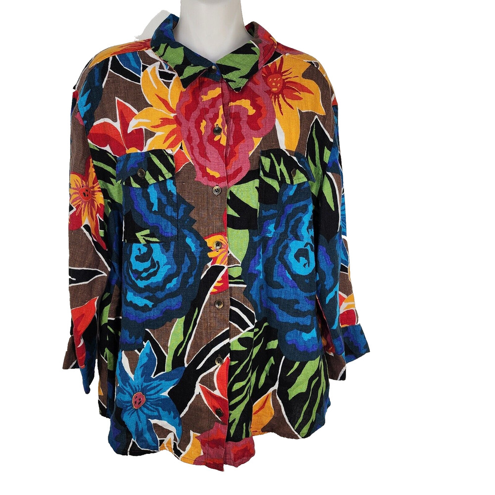 Chicos Top Size 0 Small Multicolor Floral 100% Linen Button Pockets 3/4 Sleeve